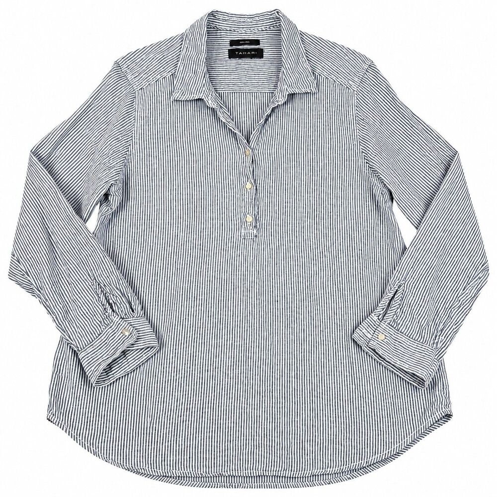 Tahari 100% Linen Blue White Striped Pullover Shirt XL Coastal Quiet Luxury